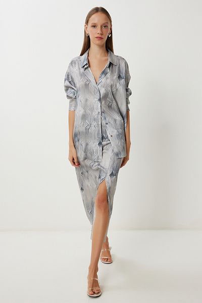 Lovelyİstanbul Patterned Satin Surface Shirt Skirt Suit Lfg0086 Khaki Cream