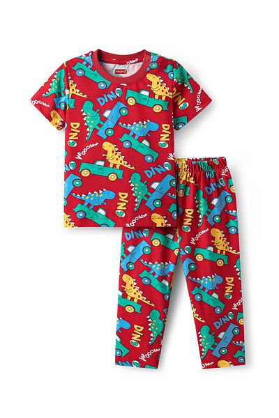 Babyhug Night Suit With Dino Print - Red