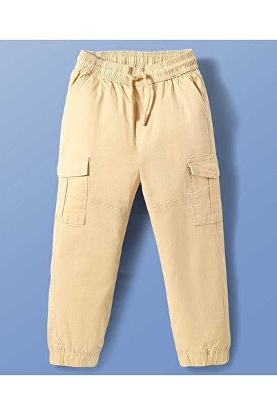 Pine kids بنطلون باين كيدز منسوج من القطن بطول كامل مع جيب كارجو - بيج