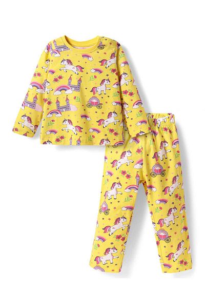 Babyhug Co-ords Night Suit with Unicorn & Rainbow Print - Yellow