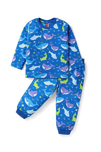 Babyhug Pyjama Set with Shark Print - Blue