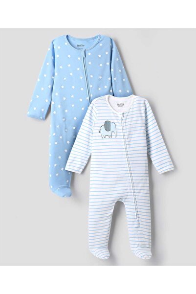 Bonfino طقم نوم مخطط بنقشة نجوم وفيل (عبوة من قطعتين) - أبيض وأزرق فاتح