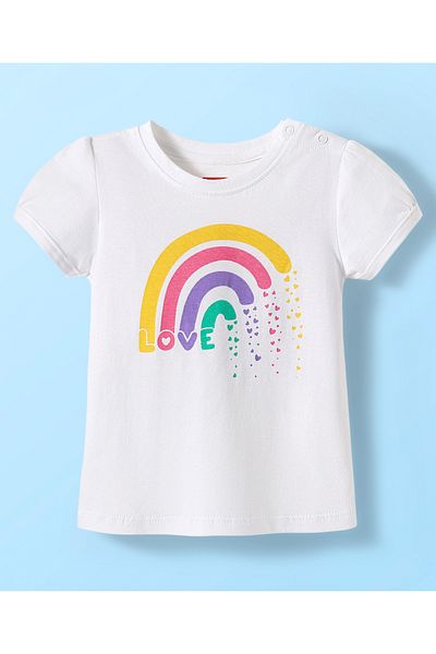 Babyhug Cotton Half Sleeves Capri Night Suit with Hearts & Rainbow Print - White & Pink