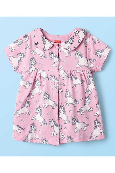 Babyhug Cotton Knit Half Sleeves Front Open Night Suit with Unicorn Print - Pink