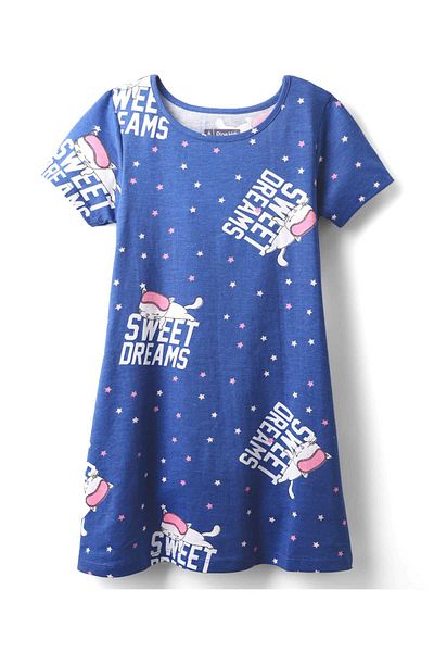 Pine kids Pine Kids Single Jersey Knit Half Sleeves Nighty with Sweet Dreams Text Print - Limoges Blue