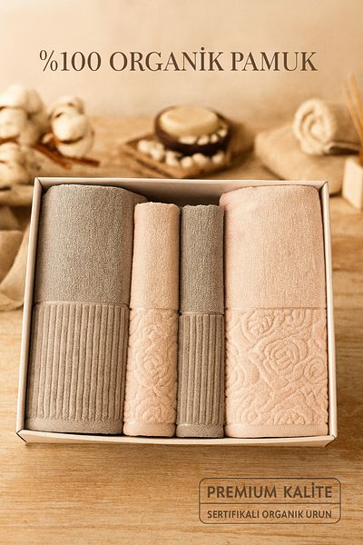 Evimcim Sevgi Turkish Bath Set Powder Cream 4 Piece Luxury 100 Cotton Bath and Hand Towel Set