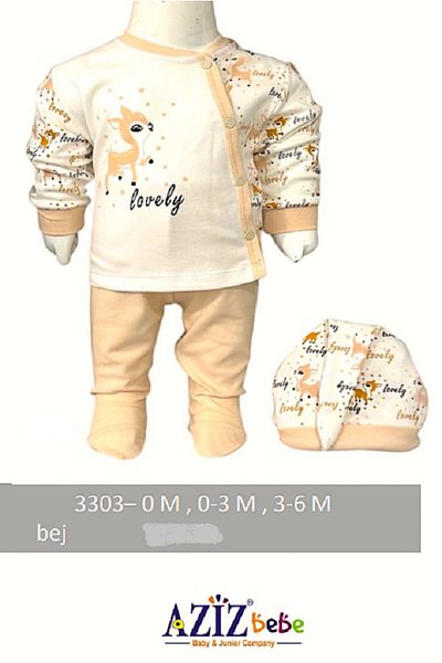 Aziz Bebe Baby Girl Cute Gazelle Patterned 3-Piece Bottom Top Hat with Feet (Booties) Baby Set 0-3-6 Months Size
