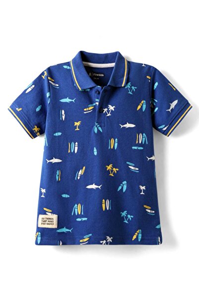 Pine kids تي شيرت بولو قطني محبوك بأكمام نصفية وطبعة بحرية - أزرق داكن