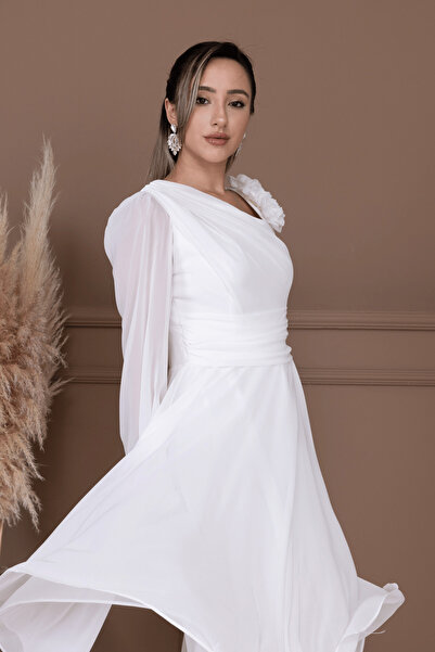 BEYBOS Şifon Kumaş Gül Detaylı Midi Boy Elbise - BEYAZ