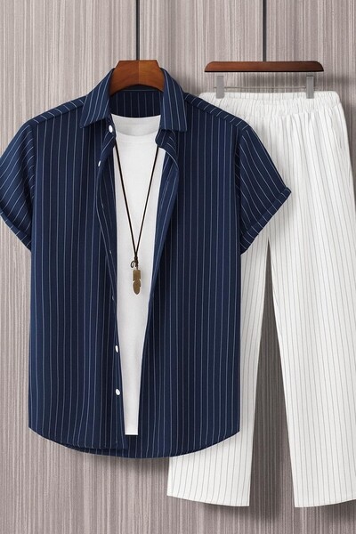 THEGENTMAN Crepe Fabric Striped Shirt Trousers Suit Men