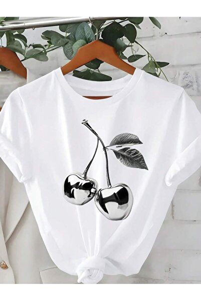 Vordevia تيشيرت فضي عالي الجودة مطبوع عليه كرز