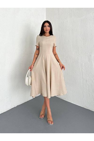 BYKUZEYARAS Summer Short Sleeve Linen Casual Midi Length Basic Dress Suitable for Daily Use