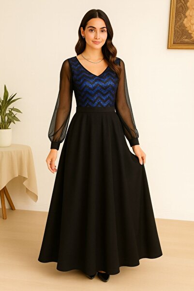 Styling Park Payet Garnili Şifon Kollu Uzun Elbise