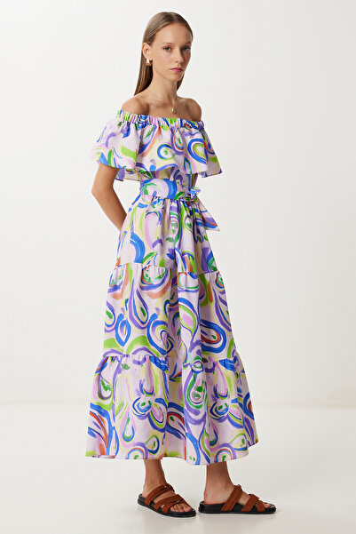 Lovelyİstanbul Φόρεμα με μοτίβο Carmen γιακά LFG0104 LILA BLUE