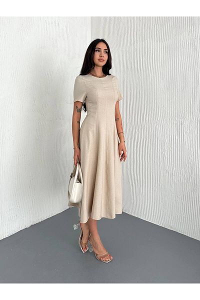 BYKUZEYARAS Summer Short Sleeve Linen Casual Midi Length Basic Dress Suitable for Daily Use