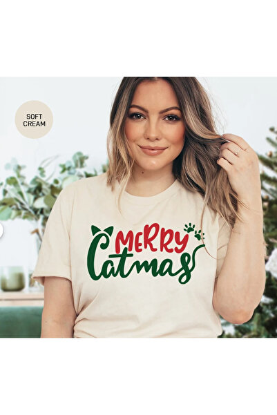 Buddy Store Merry Catmas Printed Slim Fit 100% Compact Combed Cotton 100% Cotton Unisex Tshirt