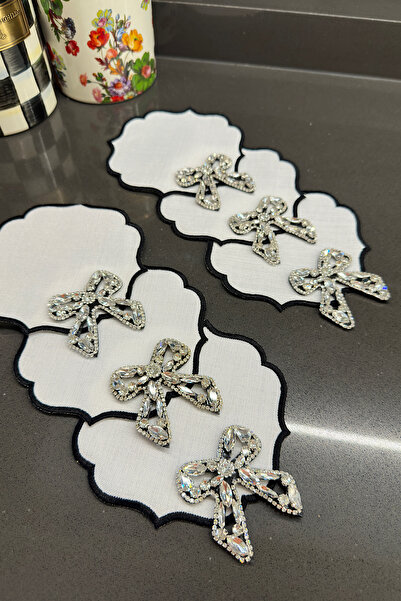 bibashka Gümüş taşlı fiyonk tasarım 6lı kokteyl peçete