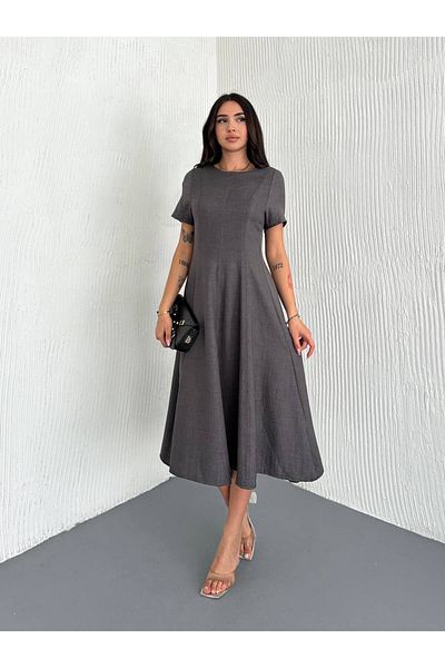 BYKUZEYARAS Summer Short Sleeve Linen Casual Midi Length Basic Dress Suitable for Daily Use