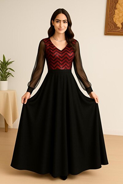 Styling Park Payet Garnili Şifon Kollu Uzun Elbise