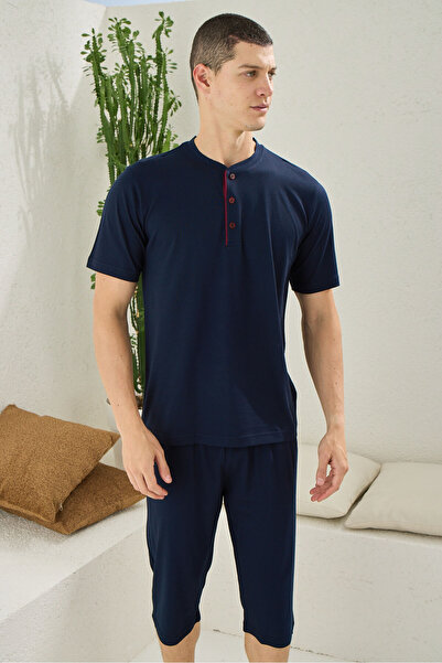 İpek Men's Short Sleeve Midi Collar Large Size 100% Cotton Capri Pajama Set