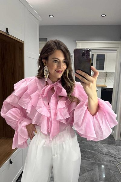 Banu Angay Reutte Premium Spanish Sleeve Ruffle Shirt Pink