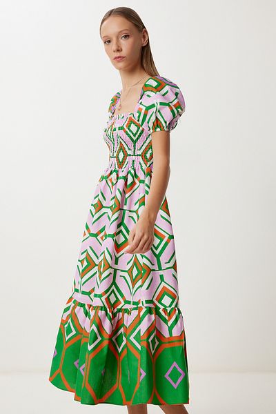 Lovelyİstanbul Balloon Sleeve Patterned Woven Dress Lfg0124 Lila Green