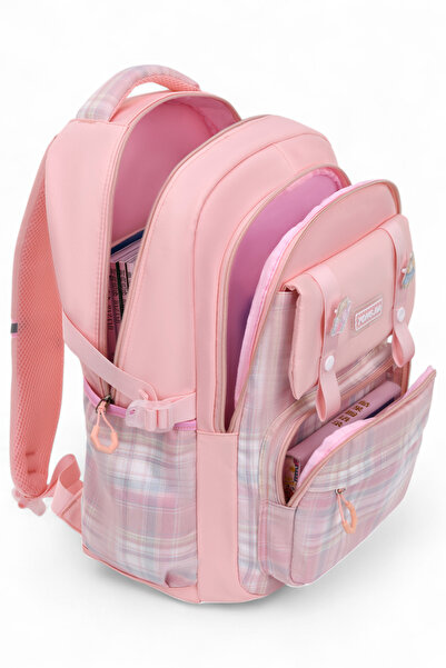 Roomys Twiny Girl's School Bag with Plaid Pattern and Accessory Gift