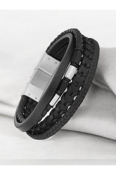 Santa Barbara Polo & Racquet Club Black Leather Men's Bracelet with Magnetic Clip