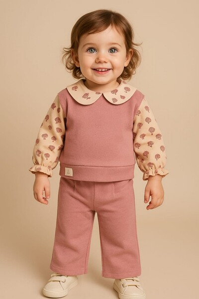 dinamik çocuk Kız Bebek Çiçekli Yaka Detaylı Fitilli 2'li Alt Üst Takım Mevsi...