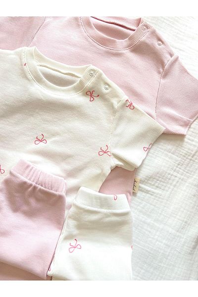 Zezig Bow Pattern and Pink Color 2 Pieces Camisole Bottom-Top Set 100% Cotton