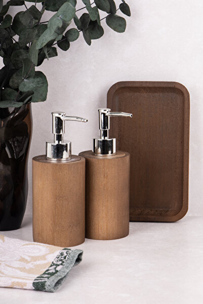 DNS HOME Σετ 2 τεμαχίων μοντέρνα σαπουνιέρα από φυσικό ξύλο με ξύλινη βάση 500 ml