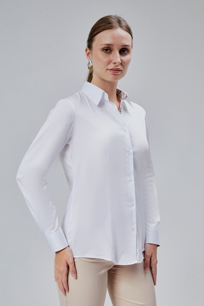 FARQIN White Cotton Satin Lycra Brbry Fabric Detailed Slim Fit Women's Shirt