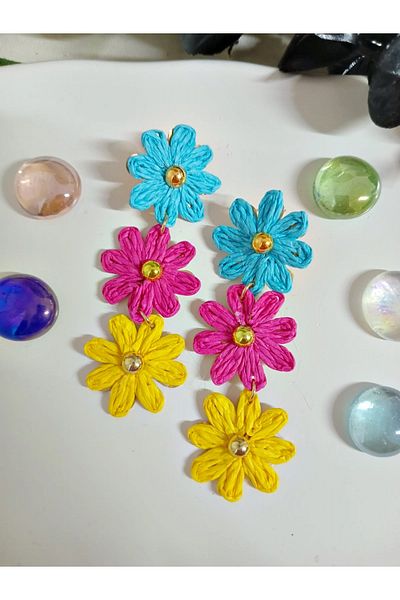 mos&more Blue-Pink-Yellow Flower Raffia Beach Women's Earrings