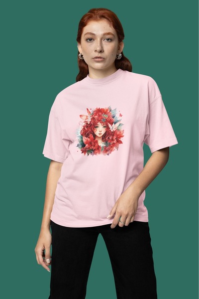 ArtYus تي شيرت بناتي/نسائي ذو شعر أحمر وطباعة نقل وياقة دائرية وأكمام قصيرة