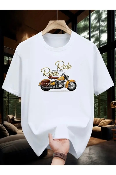 FUFLUNS تي شيرت برقبة دائرية كبيرة الحجم مطبوع عليه RID RIVER