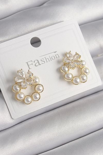 ALFA AKSESUAR 03 Brass Gold Color Pearl Hoop Model Zircon Stone Butterfly Model Women's Earrings - Tj-Bkp9997