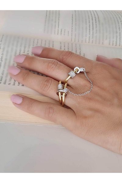Eva Takı Store Multi 3-Piece Dangle Model Zircon Stone Silver Gold Color Ring