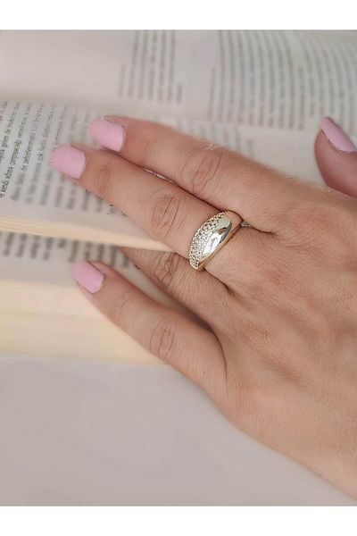 Eva Takı Store Curved Oval Zircon Model Zircon Stone Adjustable Gold Gold Colored Ring