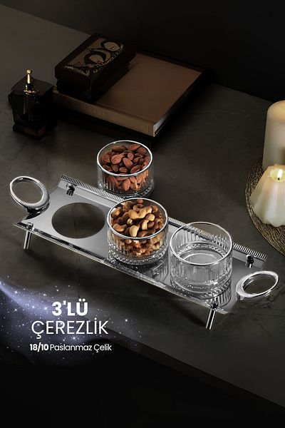 ÖzSa Home وعاء حلوى من Anes مكون من 3 قطع مع مقابض، وعاء تقديم من الفولاذ المقاوم للصدأ 18/10، وعاء مربى من Elysia