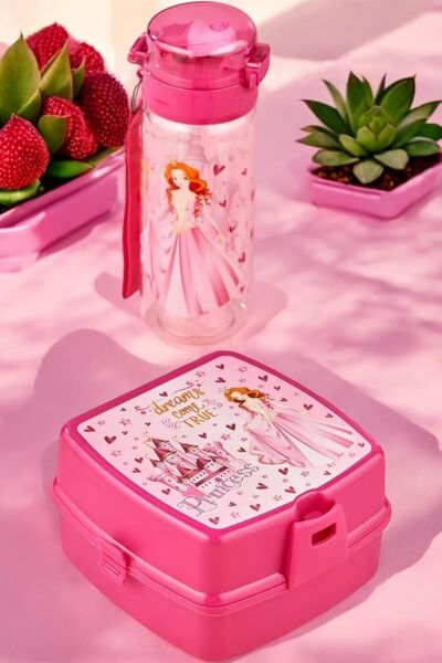 A&A Princess Model Square 4 Compartment 2 Tier Lunch Box and 500 Cc Straw Flask Lunch Box