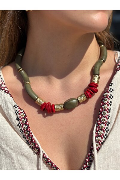 lotusbybuket Special Design Khaki Green Authentic Patterned Handmade Necklace