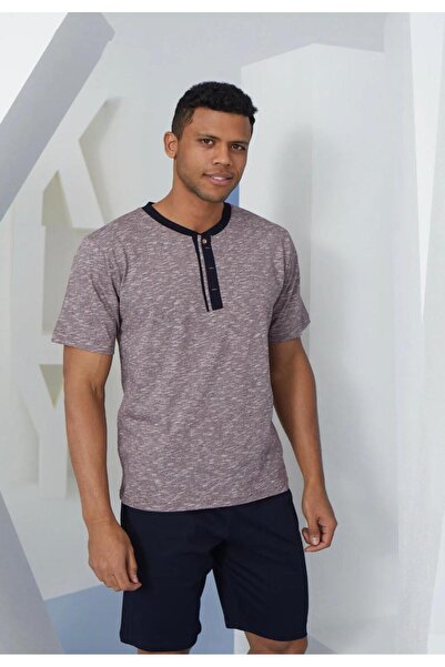 İpek Men's Short Sleeve Midi Collar Plus Size 100% Cotton Shorts Pajamas Set