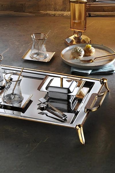 Battal Anes 22 Piece Tea Set for 6 People with Stand 18/10 Stainless Steel Cup Tray Dowry Set