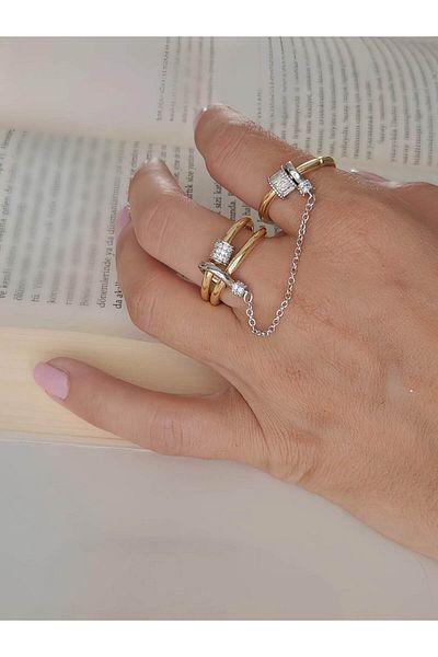 Eva Takı Store Multi 3-Piece Dangle Model Zircon Stone Silver Gold Color Ring