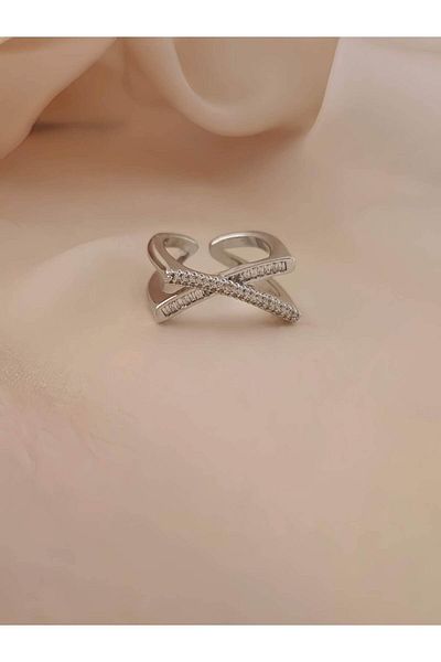 Eva Takı Store Cross X Asymmetric Model Zircon Stone Adjustable Silver Silver Color Ring