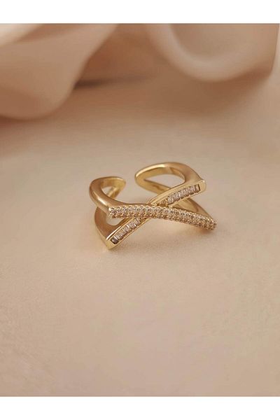 Eva Takı Store Cross X Asymmetric Model Zircon Stone Adjustable Gold Gold Colored Ring