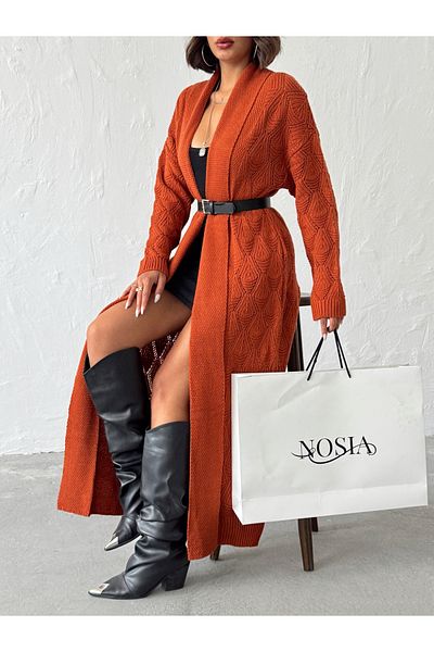 Nosia Women's Shawl Collar Maxi Size Patterned Knitwear Cardigan