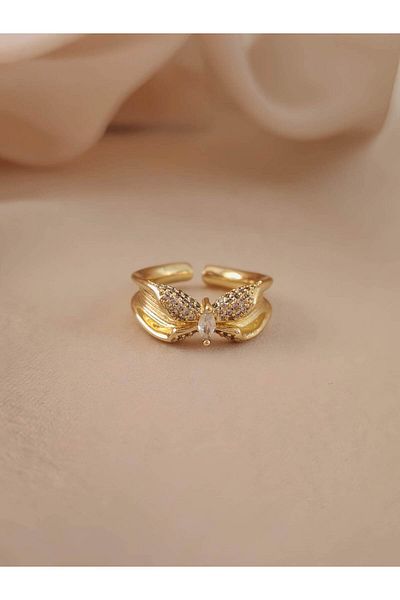 Eva Takı Store Butterfly Model Zircon Stone Adjustable Gold Gold Color Ring