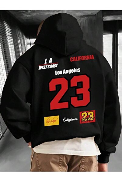 kahire Siyah Erkek Kalın İçi Polarlı 23 Baskılı Oversize/Geniş Kalıp Kapüşonl...