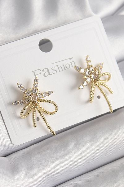 ALFA AKSESUAR 03 Brass Gold Color Zircon Stone Star Knot Model Women's Earrings - Tj-Bkp9951